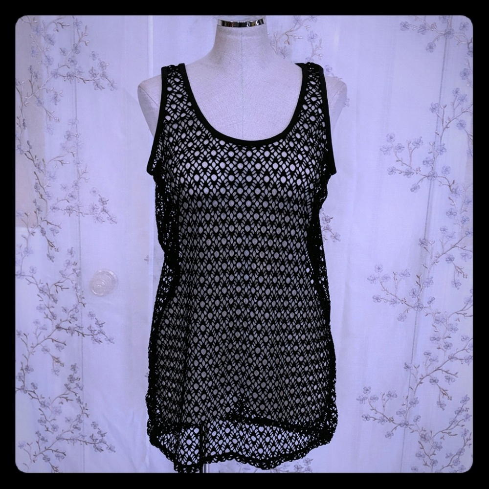 Spiegel sheer fishnet Beach cover-up black dress L